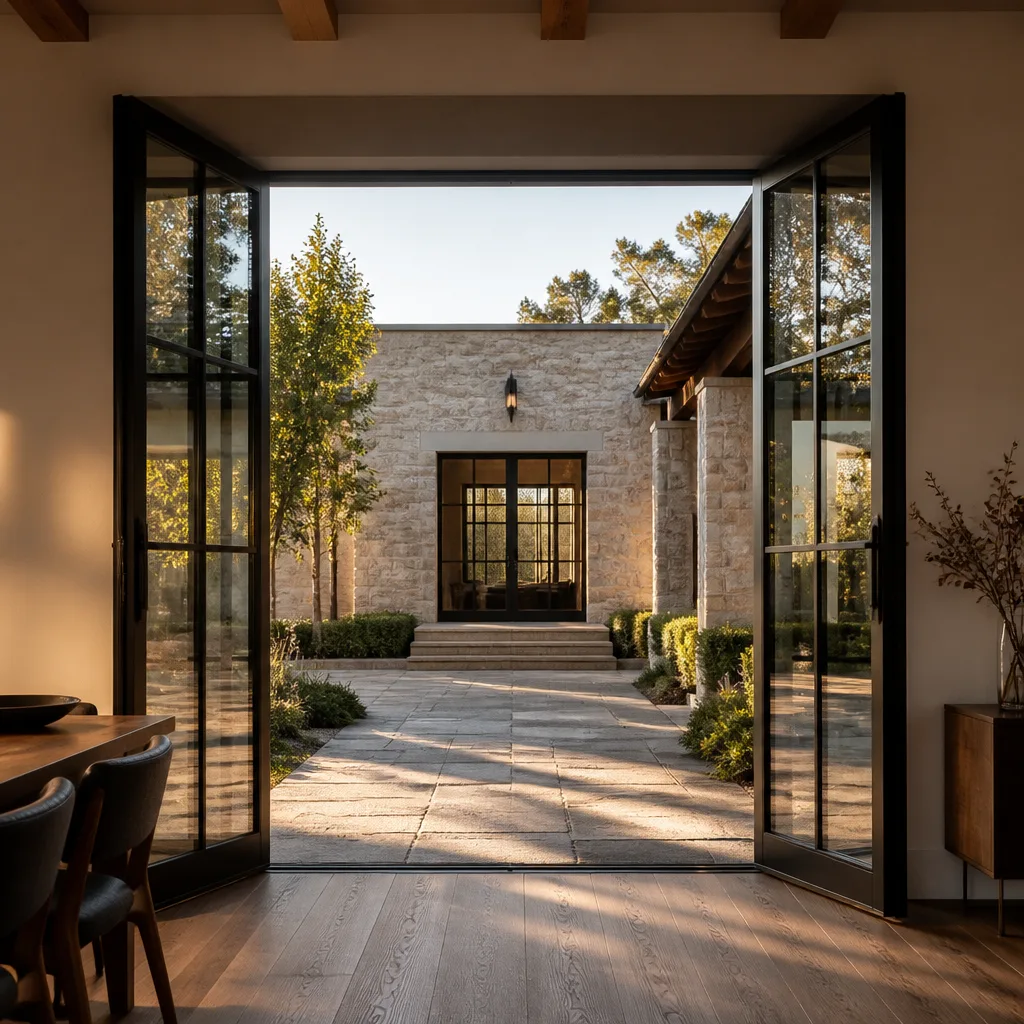 Modern black-framed French door installation opening to a stone courtyard