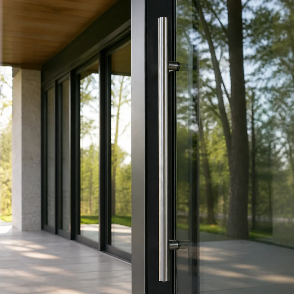 Modern glass door with stainless steel handle on a sleek frame
