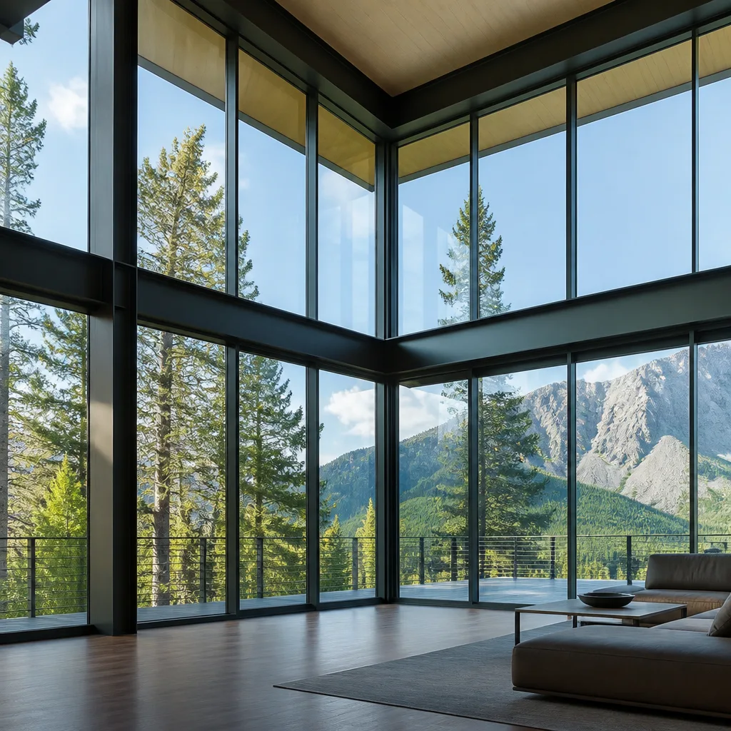 Modern floor-to-ceiling glass windows offering expansive mountain and forest views