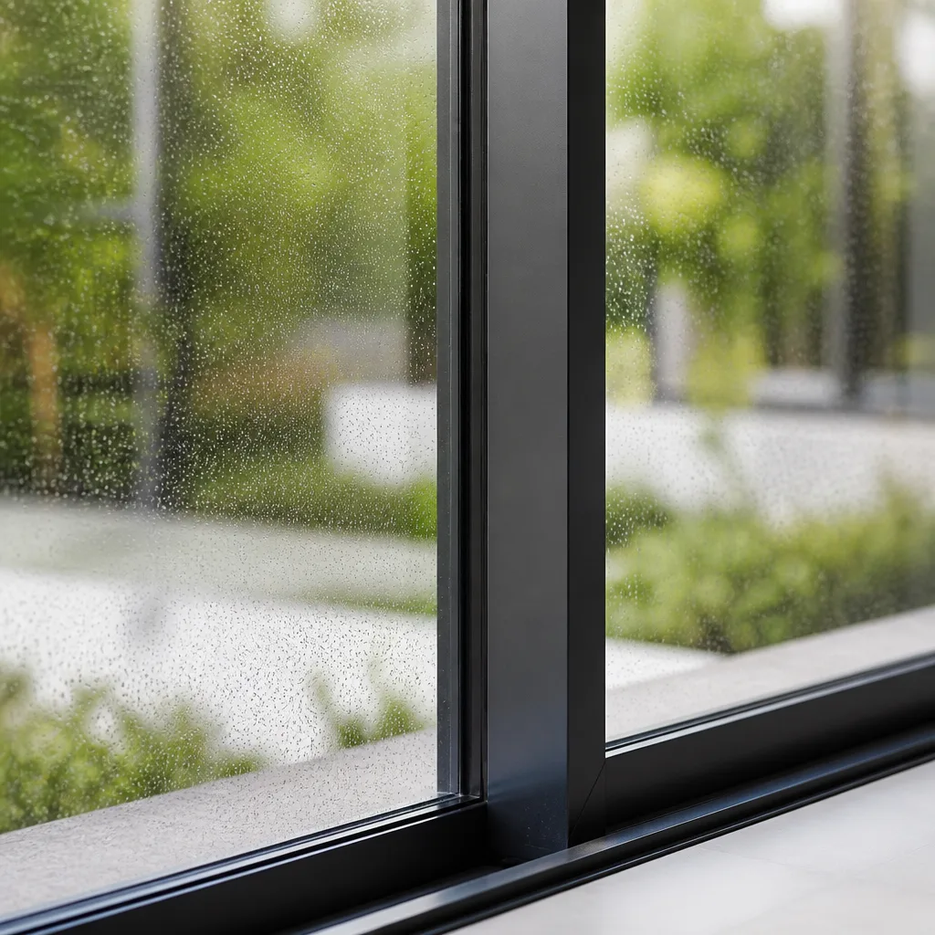 Modern black frame window installation overlooking a green garden