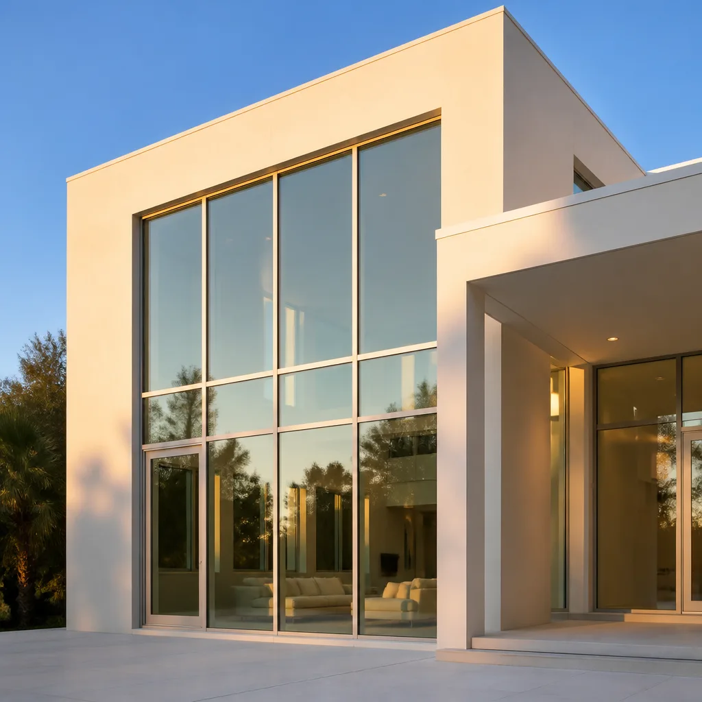 Modern luxury residential home with floor-to-ceiling glass windows and doors.