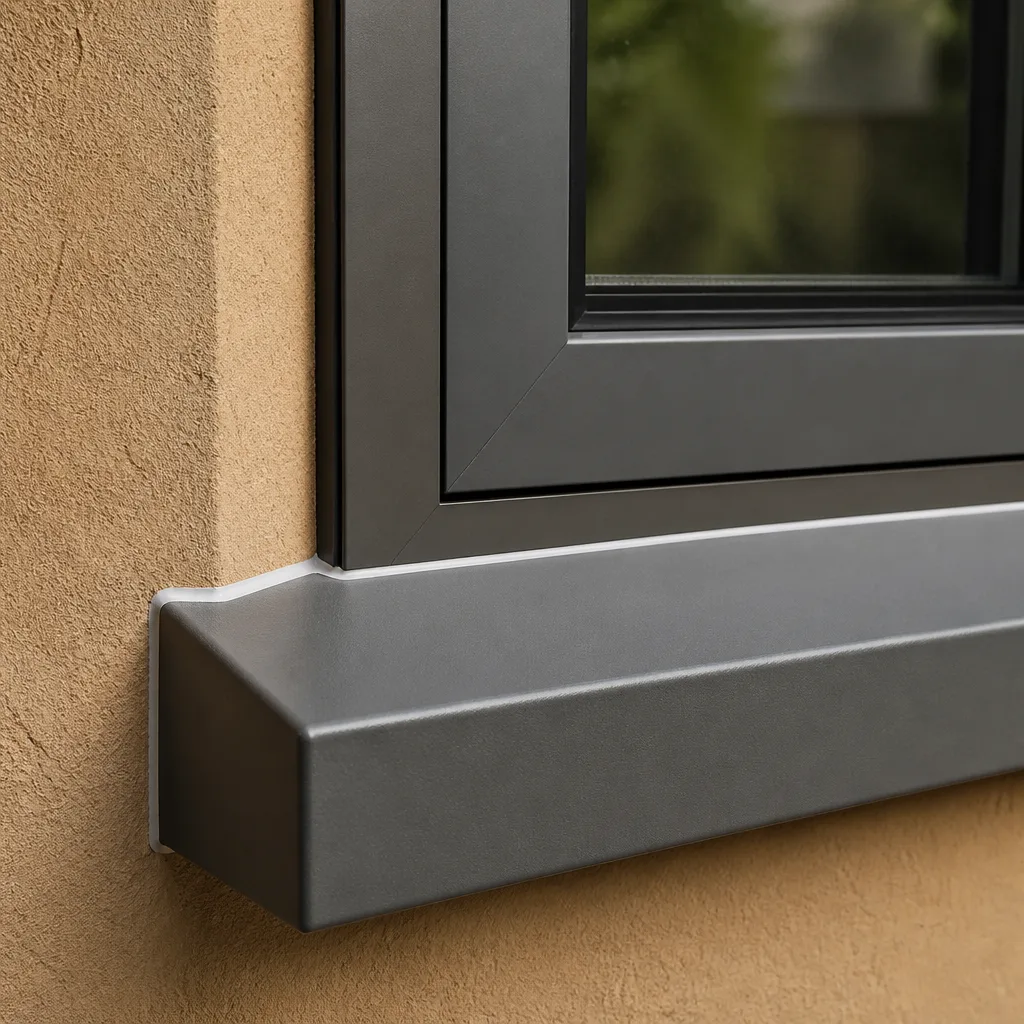 Modern dark grey window replacement with sleek sill detail on stucco wall