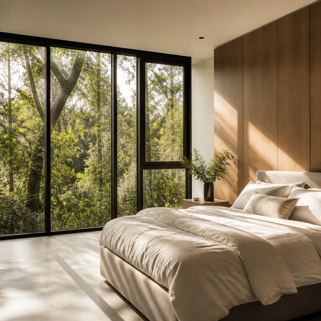 Modern floor-to-ceiling glass windows in a sunlit bedroom